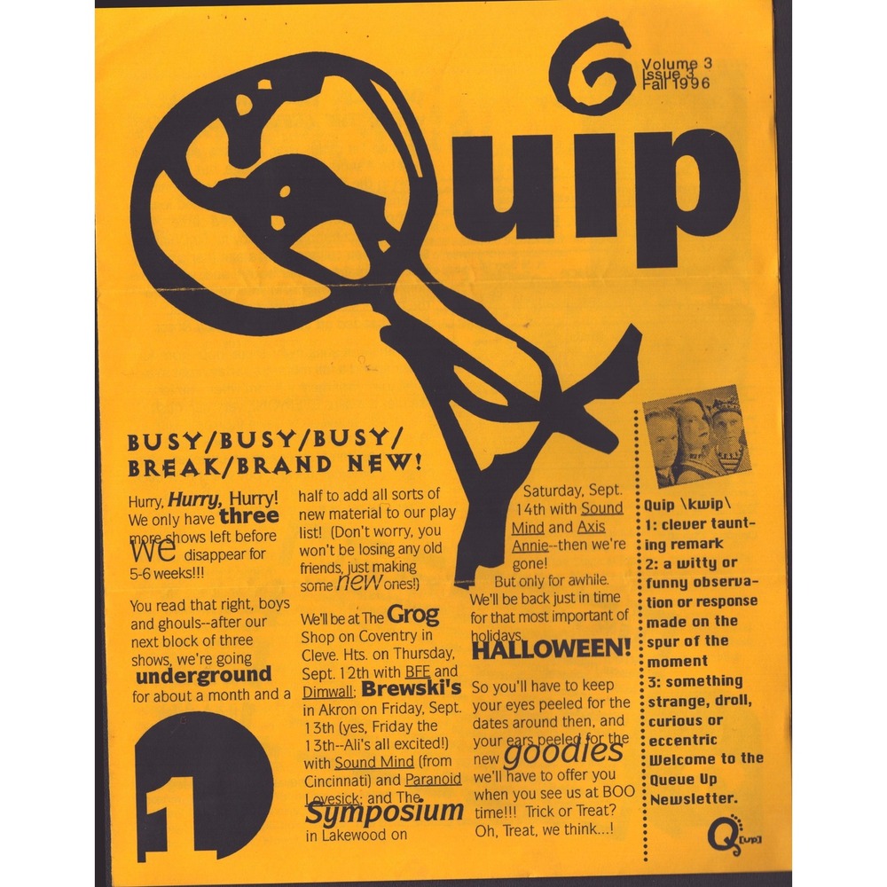 1996 Quip Newsletter Vol 3 Issue 3 Queue Up Band Cleveland Ohio Music Flyer VG-